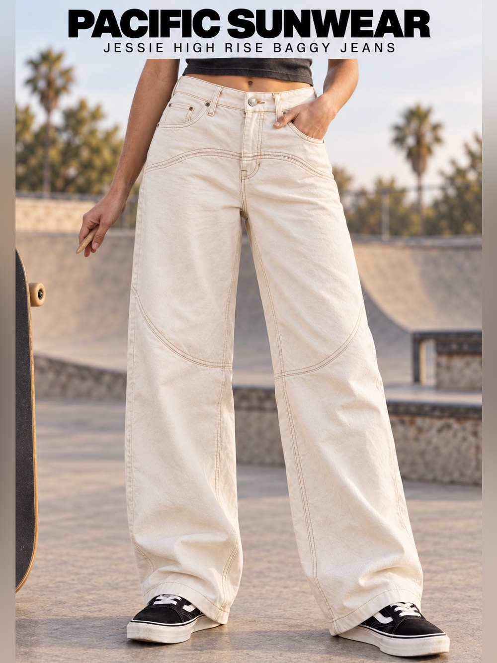 PacSun Jessie High Rise Baggy Jeans OffWhite Cowboy Western Panel Stitch Size 25